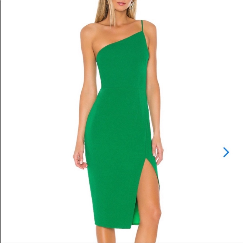 Lovers + Friends One Shoulder Midi Dress In Green Leg Slit Adjustable Sheath S